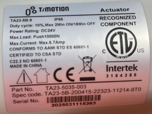 Armedica 03616 - TiMotion Part TA23 5035-003 Model TA23 5B-9 Actuator (Includes Shipping)